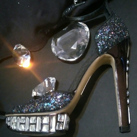 BOUTIQUE 9 sz 6.5 PURPLE BLUE COSMIC GLITTER HEELS RHINESTONE JEWEL GEMS - Picture 3 of 15